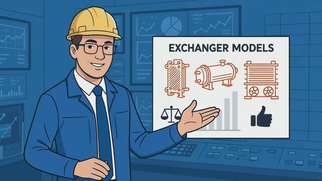 Heat exchanger industry engineer presentation with charts and graphs in industrial control room illustrating technical data and performance