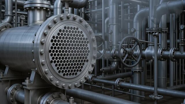 Heat exchanger equipment industry with metal pipes and valves for fluid transfer temperature control and efficient thermal energy transfer