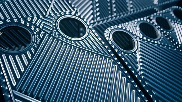 Heat exchanger component with metal plates and circular openings featuring metallic pattern for efficient thermal energy transfer in industry