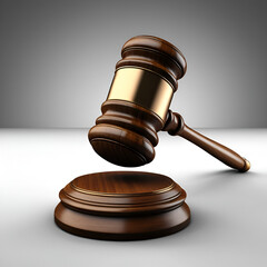 Isolated adjudication hammer for judges on background. Wooden auction gavel with a stand. Law and justice idea.