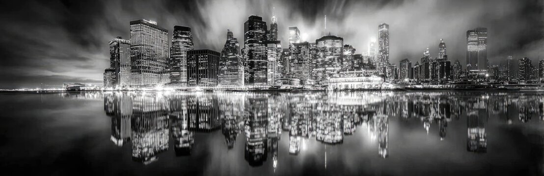 Fototapeta Black and white cityscape reflected in water, dramatic sky