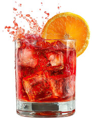 Glass of Negroni with Vivid Splash Effect, Ice Cubes, and Orange Garnish on Transparent Background