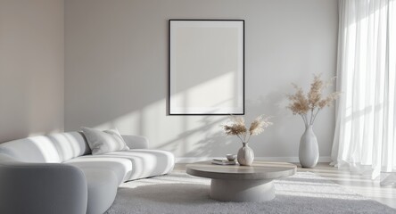 Modern Minimalist Living Room Design Neutral Tones, Cozy Vibes, and Blank Canvas for Your Art