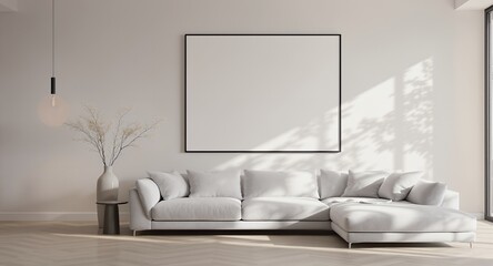 Modern Minimalist Living Room Design White Sofa, Large Artwork Mockup, Stylish Decor
