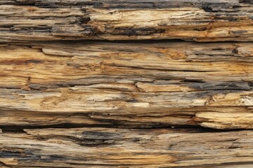 Obraz premium Close-up of weathered, cracked wood planks. Horizontal layers of decaying wood showing variation in shades of brown and gray
