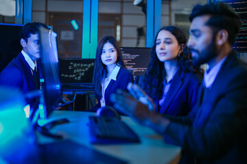 A diverse team of young AI engineers in a strategy meeting. Indian and East Asian colleagues discuss the next phase of development for a complex machine learning model in their lab.