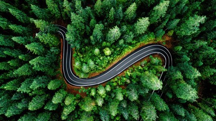 Winding road through a lush forest. High-angle view