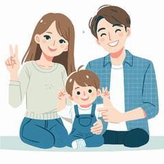 Happy Family Vector Illustration – Parents and Child Making Peace Sign