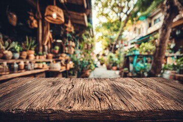 Rustic wooden table top in front of a blurred market scene