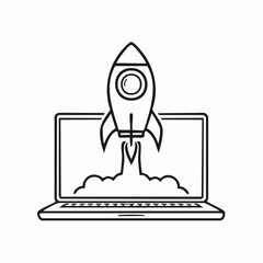 Laptop Launching Rocket Illustration Symbolizing Business Startup and Technology Innovation