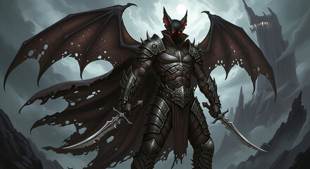 A powerful bat-like creature in ornate black armor, with tattered wings and dual swords, stands in a desolate landscape.