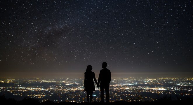 Silhouette of couple holding hands under starry sky overlooking city lights at night time landscape view