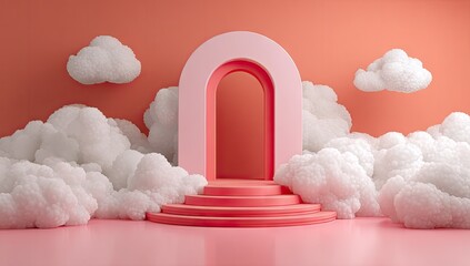 A pastel pink archway with steps, surrounded by fluffy white clouds, sits on a pink floor