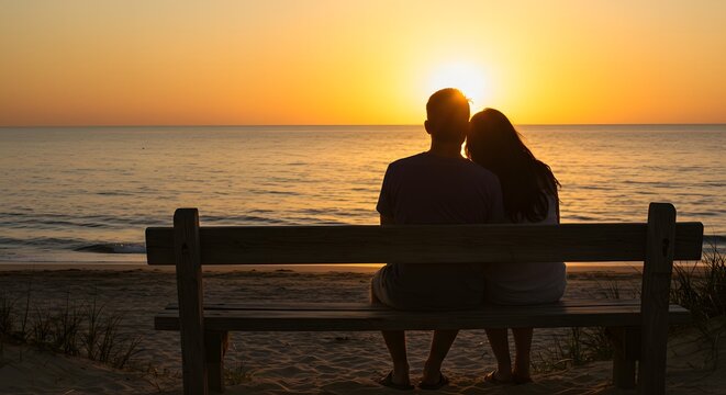 A couple sitting on a bench watching the sunset over the ocean with a beautiful golden light shining down