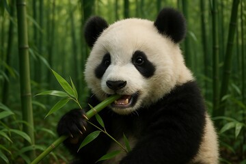 Obraz premium A playful panda cub enjoys a fresh stalk of bamboo.