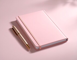 Pink notebook and pen on pink surface