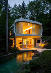 Modern house nestled in a forest, lit windows reflecting in a pool.
