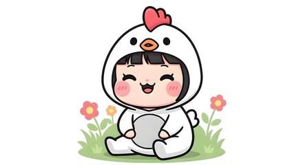 Cute baby in chicken costume sitting with flowers