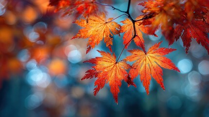 Red and Orange Autumn Maple Leaves with Bokeh Background.