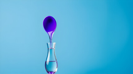 Intimate lubricant pours on a purple vibrator on a blue background. Copy space.