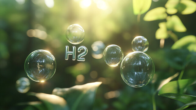 Hydrogen bubbles floating in sunlight amidst lush green foliage a clean energy concept