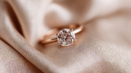 Rose Gold Engagement Ring on Blush Silk Fabric.