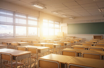 Modern classroom filled with wooden desks and natural light ideal for student learning and study focus