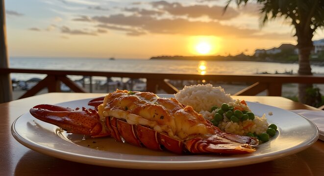 "Queue de langouste des Bahamas au coucher du soleil"