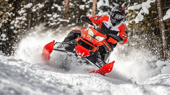 A dynamic shot of a snowmobile rider navigating snowy terrain with skill and precision in the winter mountain landscape adventure