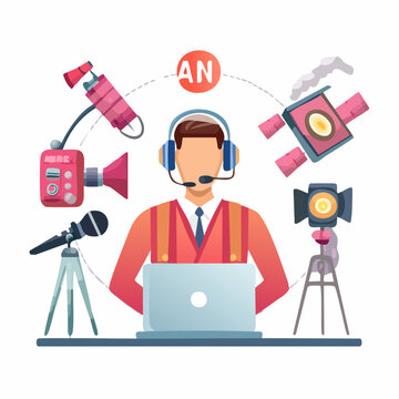 Flat vector broadcaster icon set with microphone, headset, live streaming camera, studio lights, and on-air sign, colorful design, isolated on white background.