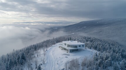 Aerial View of a Modern White House on a Snowy Hill Surrounded by Clouds in Winter Landscape