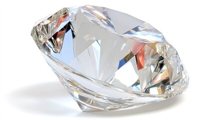 A brilliant round cut diamond, angled,  gleaming against white