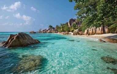 Tropical beach with granite boulders and turquoise water.  Clear sky with some clouds. Lush foliage