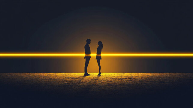 Silhouetted couple facing each other across a glowing line at night
