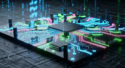 Obraz premium Futuristic central processor unit on a circuit board with glowing light trails representing data flow and digital innovation.