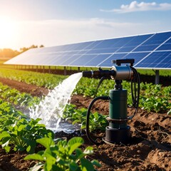 Solar-powered water pump irrigating crops