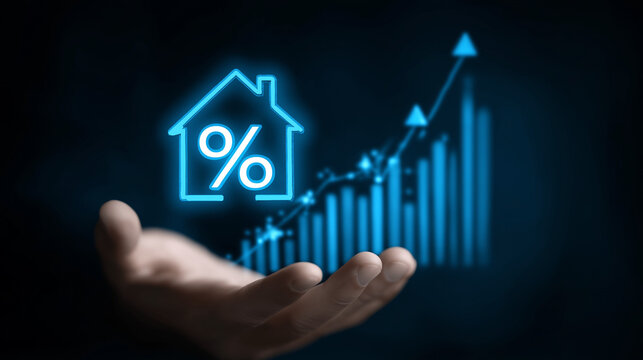 An illuminated icon of a house enclosing a percentage mark, held aloft by a hand, with dynamic blue arrows and growing bar graphs encircling it, signifying the surge in home loan interest.