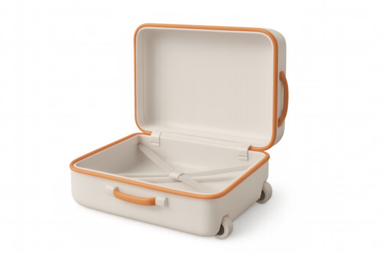 Wheeled open suitcase rendered in 3d, transparent background, showcasing interior space for travel preparation - Powered by Adobe