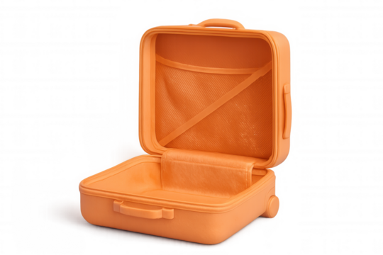 Orange luggage standing open, revealing spacious interior against clean transparent backdrop
