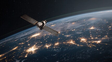 Sleek High-Tech Artificial Satellite Orbiting Earth Amid Twinkling Stars.
