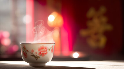 Delicate porcelain teacup with red floral motifs, steaming jasmine tea reflecting golden light against muted silk.