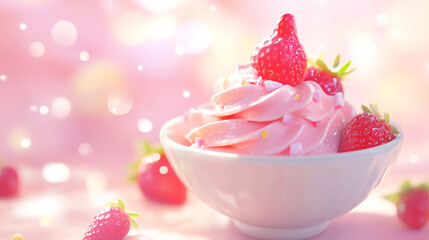 Pink frozen yogurt with strawberries and sprinkles in a bowl on a pink background