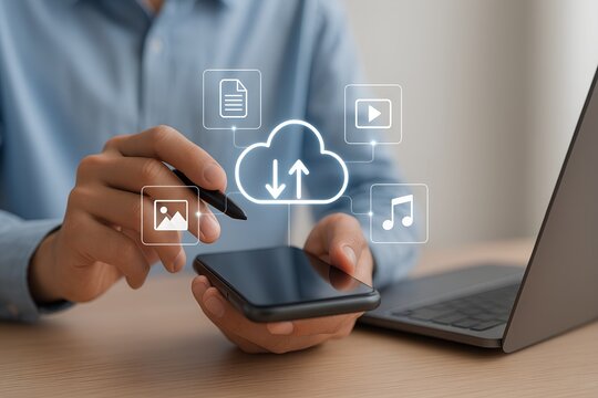 Cloud storage and data transfer with icons for files, photos, music, and video