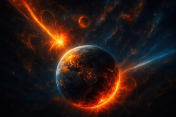 Apocalyptic cosmic scene depicting dramatic planetary transformation during universal judgment and celestial upheaval