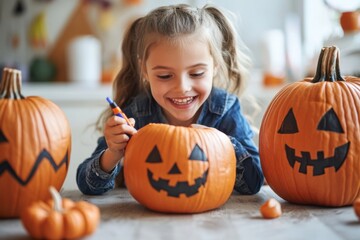 Happy child drawing a face on a pumpkin for halloween party