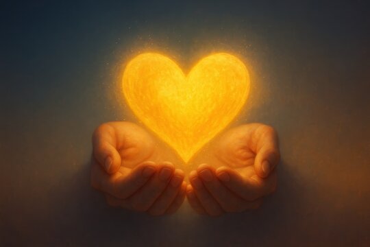 Compassionate hands offering glowing golden heart to symbolize hope and human kindness