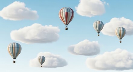 Fototapeta premium A whimsical journey: hot air balloons floating gracefully through a cloudy sky landscape full of