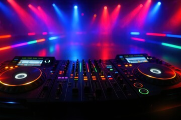 Electric nightclub DJ booth with neon lighting effects and vibrant party atmosphere background design