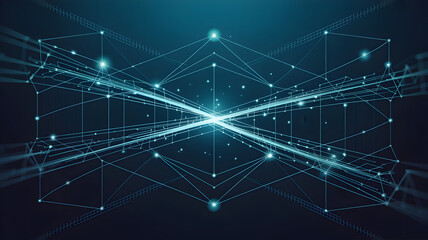 Abstract digital network with interconnected nodes and glowing lines on a dark blue background