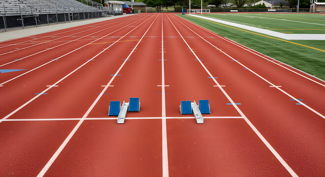 Start Line Precision: An empty track with starting blocks, inviting the spirit of competition.